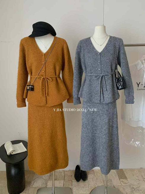 Women Winter Warm Knitted Cardigan With Skirts Sets